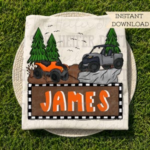 Mud Riding with Name Patch PNG Hand Drawn Orange 4 Wheel Muddin Vehicle Sublimation File Boy Off Roading Theme Shirt Design Digital Download