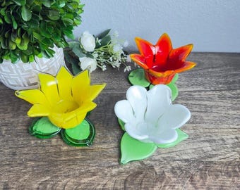 Vintage Art Glass Flower Votive Candle Holders Set 3 Murano Style Floral Multi
