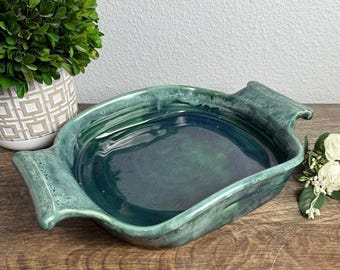 Signed Studio Art Pottery Teal Green Serving Dish Freeform Ceramic Bowl