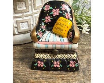 Vintage Floral Chair Home Sweet Home Pillow Hinged Trinket Jewelry Box - Cottage