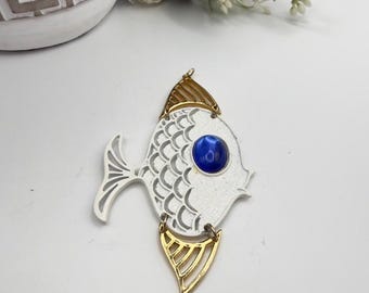 Vintage Large Fish Pendant White Gold Tone Blue Cabochon Articulated Mod Coastal