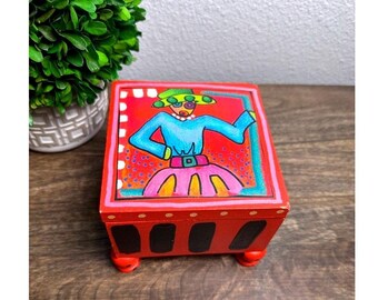 Vintage Wood Trinket Box Third St 1993 Hand Painted Memphis Folk Art Red Decor