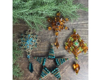 Handmade Beaded Christmas Ornaments Set 4 Jeweled Star Vintage Holiday Decor