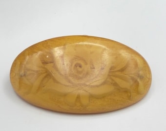 Vintage Barrette MCM Butterscotch Amber Reverse Carved Rose Floral Hair Clip