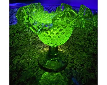 Vintage Uranium Glass Hobnail Pedestal Vase UV Reactive Ruffled Green 5.5"