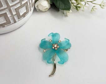 Vintage 1960s Turquoise Lucite Flower Brooch Rhinestone Floral Pin Mod Blue