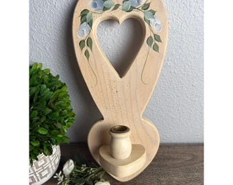 Vintage Wood Heart Wall Sconce Hand Painted Roses Candle Holder Folk Art Decor