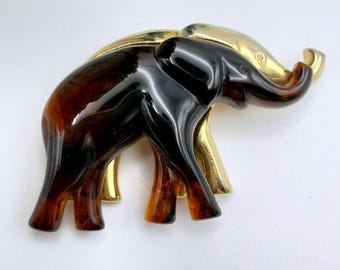 Vintage Liz Claiborne Elephant Brooch Faux Tortoiseshell Lucite Gold Tone Pin