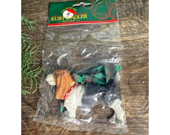 Vintage Kurt Adler Dandy Dogs Beagle Christmas Ornament 90s Plaid Bow J7174 NOS