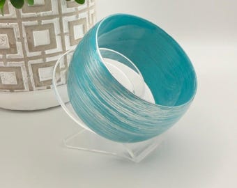 Turquoise Blue Wide Bangle Bracelet Silver Brushed Chunky Mod Statement Vintage