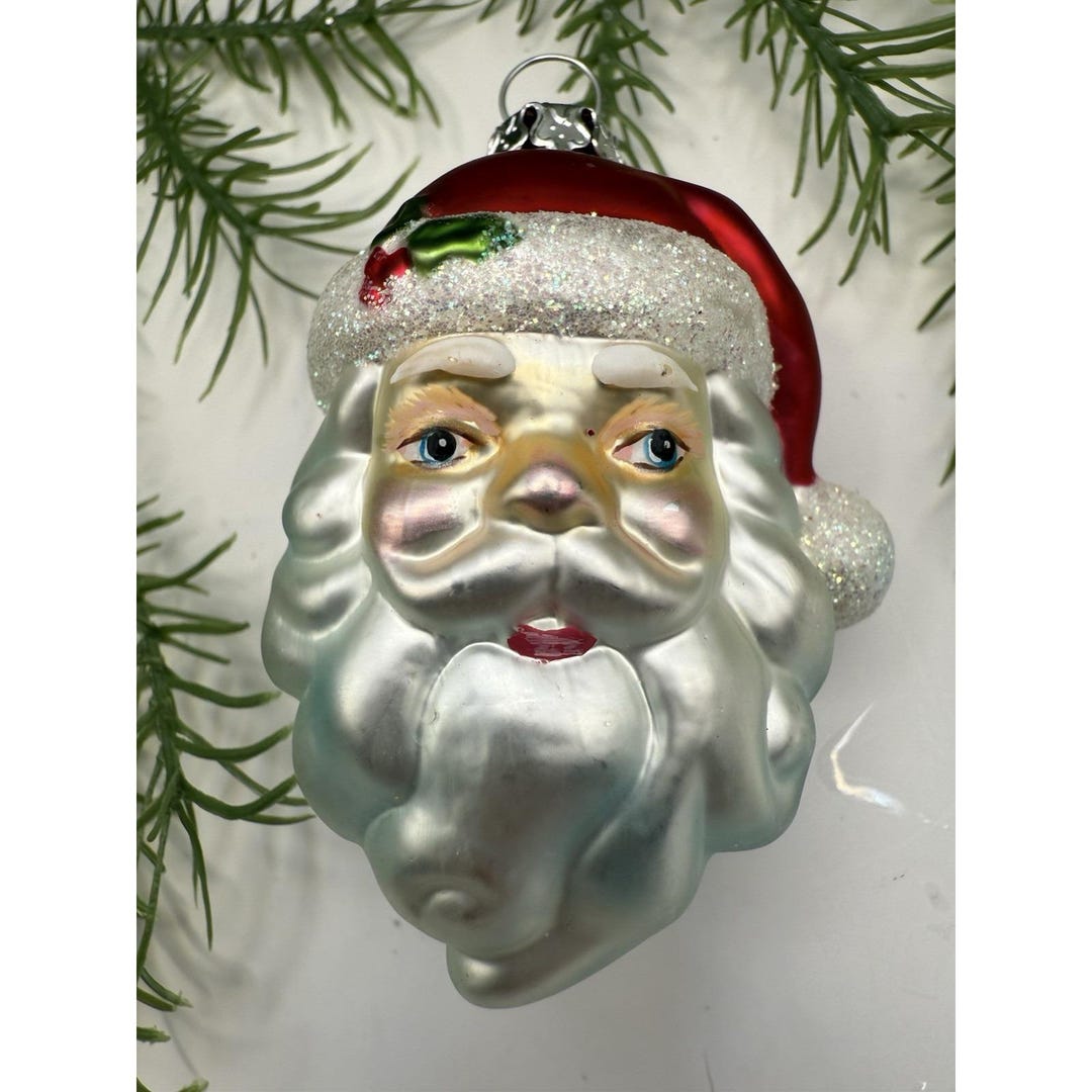 European Blown Glass Santa Head Christmas Ornament Heart Cap Vintage 3 ...