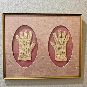 Vintage Framed Crochet Gloves Textile Wall Art Cottagecore Grandmillennial