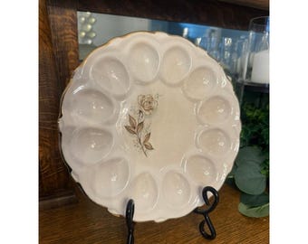 Vintage Salem China Golden Rose Deviled Egg Plate 22K Gold Floral 9" USA Cottage