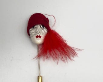 Vintage French Stick Pin Flapper Lady Face Feather Veil Art Deco Style France