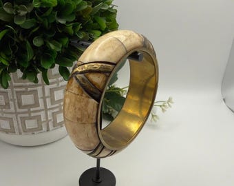Vintage Cream Bangle Bracelet Chunky Brass Tone Boho Artisan Statement