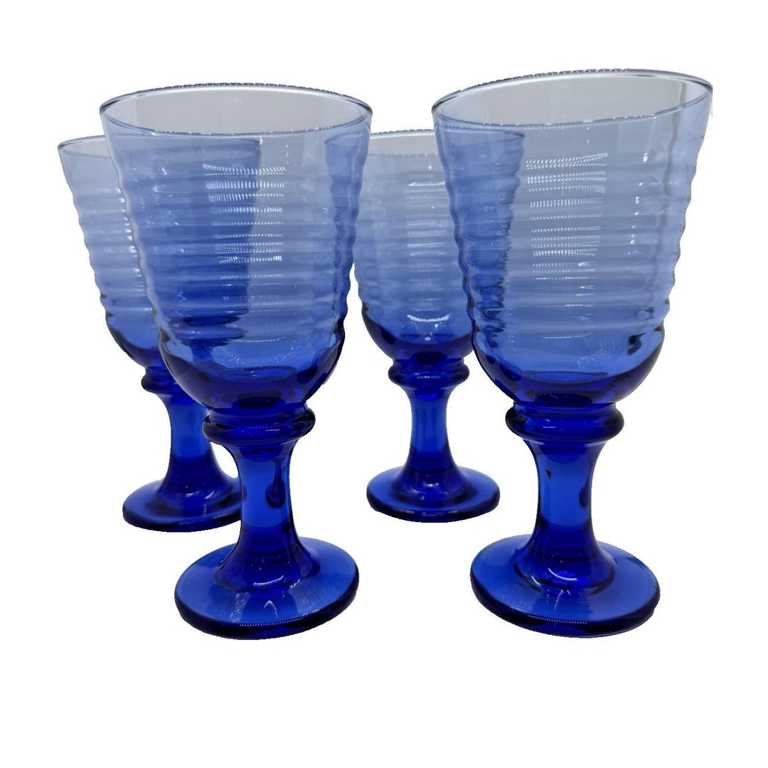 Libbey Ribbed Glassware Cobalt Blue Libbey Ribbed Water Goblets Set of 4, Script L Mark 7.5 ...