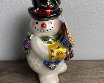 Vintage Fitz Floyd Frosty Folks Snowman Blown Glass Ornament 8.5" Tag Christmas