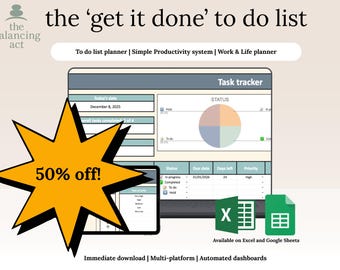 Productivity Dashboard | Task Tracker, Excel & Google Sheets Planner (Digital Download)