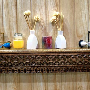 Handcarved Wooden Wall Shelf: Rustic Antique Flower Design