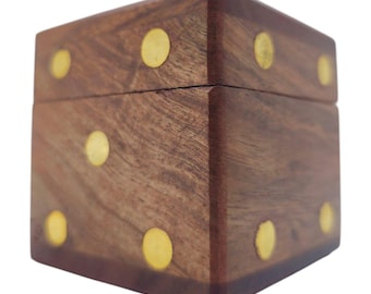 Handcrafted Wooden Dice Box with 5 Dice - Dark Wood & Brass Accents | Tabletop Gaming Storage