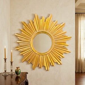 Sunburst Wooden Frame Mirror – 19th Century Style, Boho Wall panel Décor