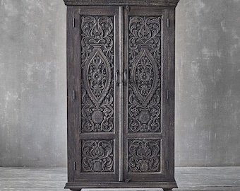 Hand-Carved Mango Wood Wardrobe | Antique Grey Floral Armoire