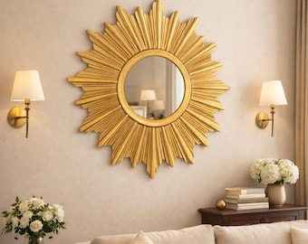Sunburst Wooden Frame Mirror – 19th Century Style, 23.5" Boho Wall Décor