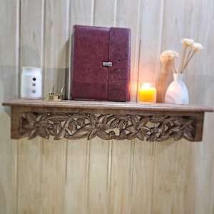 Hand Carved Wood Shelf: Rustic Floral Wall Decor, Antique Finish