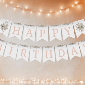 Pink Floral Happy Birthday Banner | Printable Birthday Sign | Editable Canva Template | Girl Birthday Decor | Digital Download Party Banner