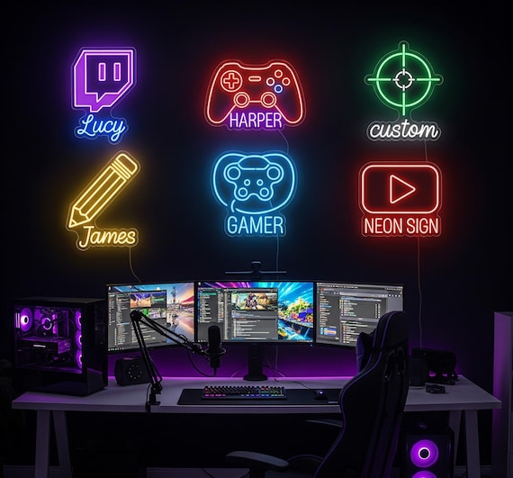 A custom neon-style LED sign lit up with YOUR actual gamer tag — instant streamer-room centerpiece that looks like it belongs on Twitch.