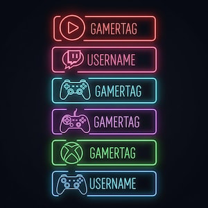 Peut inclure: Enseigne au néon sur fond sombre, avec des icônes et du texte liés au jeu vidéo. Elle présente un bouton de lecture, une bulle de discussion et des manettes de jeu, avec les mots "GAMERTAG" ou "USERNAME". Les couleurs vives incluent le rouge, le rose, le bleu et le vert.