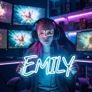 Könnte beinhalten: Eine Person mit Kopfhörern und beleuchteten Brillen hält ein Neonschild mit der Aufschrift "EMILY". Das Schild ist weiß umrandet und leuchtet blau. Der Hintergrund umfasst mehrere Computermonitore und Gaming-Ausrüstung.