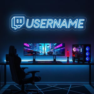 May include: A neon sign displaying the word "USERNAME" in white, above a gaming setup. The setup features dual monitors showing a city scene, a computer tower with blue lights, and a black gaming chair. The room is lit with blue light.