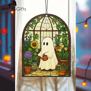 Cute Ghost Greenhouse Suncatcher Ornament, Halloween Ghost Acrylic Window Hangings, Plant Lovers Gift, Halloween Home Decor, Gift For Mom