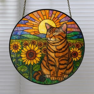Tabby Cat Glass Suncatcher, Orange Poppies and Cat Suncatcher, Tabby Cat Hanging Window, Unique Cat Lover Gift, Sun flower Suncatcher