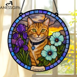 Personalized Cat Memorial Stained Glass, Loss of Pet Sympathy Gift, Cat With Name Suncatcher, Cat Suncatcher, Custom Pet Image Gift,LossCat