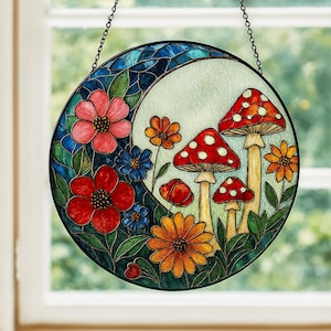 Mushroom Suncatcher, Stained Glass Mushrooms Cottagecore Home Decor, Fly Mushroom Moon Window Hanging Art, Birthday Gift For Her Mom Grandma