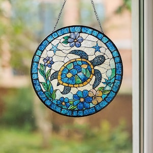 Floral Turtle Stained Glass Suncatcher, Sea Turtle and Flowers Window Hanging, Turtle Lovers Gift, Ocean Animal Lover Home Decoration