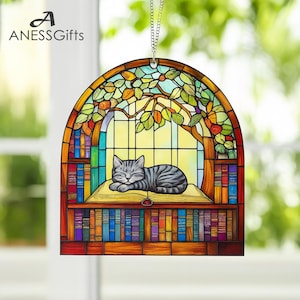 Black Cat And Book Suncatcher Ornament, Book Window Decor, Book Lover Gift,Reading Cat Acrylic Window Hanging,Cat Lover Gift,Librarian Gift