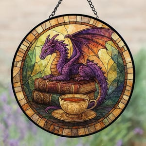 Dragon Stained Glass Suncatcher, Fantasy Book Lover Decor, Tea and Coffee Art, Mystical Window Hanging, Gift for Readers