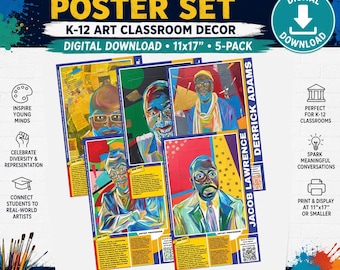 May include: A digital download set of five 11x17 inch posters featuring portraits of influential artist professors. Each poster includes a colorful illustration, biographical text, and a QR code. The set is designed for K-12 art classroom decor.