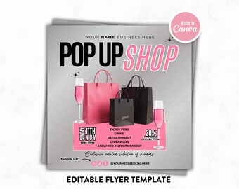 Op de afbeelding: Een promotieflyer voor een pop-up shop, met roze boodschappentassen, champagneglazen en de tekst "POP UP SHOP". De flyer bevat details over het evenement, zoals de datum, tijd en speciale aanbiedingen. De flyer is een bewerkbare sjabloon.