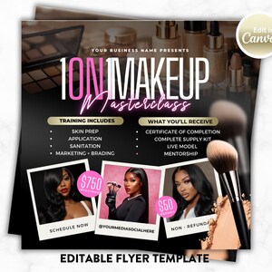 Può includere: Un modello di volantino quadrato per una masterclass di trucco 1-on-1 con testo, tre foto di persone e pennelli da trucco. Il design include sezioni per i dettagli della formazione e segnaposto per i social media.