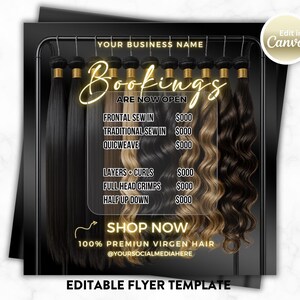Può includere: Volantino nero con extensioni di capelli. Il testo recita "Le prenotazioni sono ora aperte" con opzioni di servizio. Il volantino dice anche "Acquista ora" ed è un modello modificabile.
