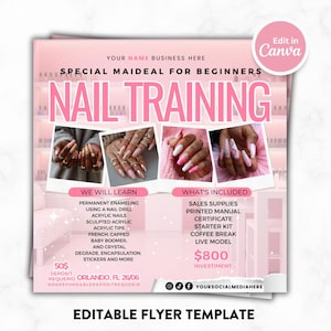 Puede incluir: Folleto rosa para formación de uñas, con imágenes de uñas manicuradas. El texto incluye "NAIL TRAINING", "We Will Learn" y "What's Included". El folleto es una plantilla editable, con identificadores de redes sociales.
