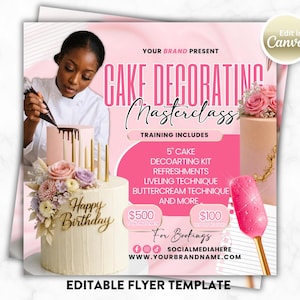 Könnte beinhalten: Rosa Flyer, der einen Tortendekorations-Meisterkurs bewirbt. Der Flyer zeigt eine Frau, die einen Kuchen dekoriert, einen Kuchen mit Blumen und den Text „Cake Decorating Masterclass“ und „Happy Birthday“. Enthält einen 12,7 cm Kuchen.