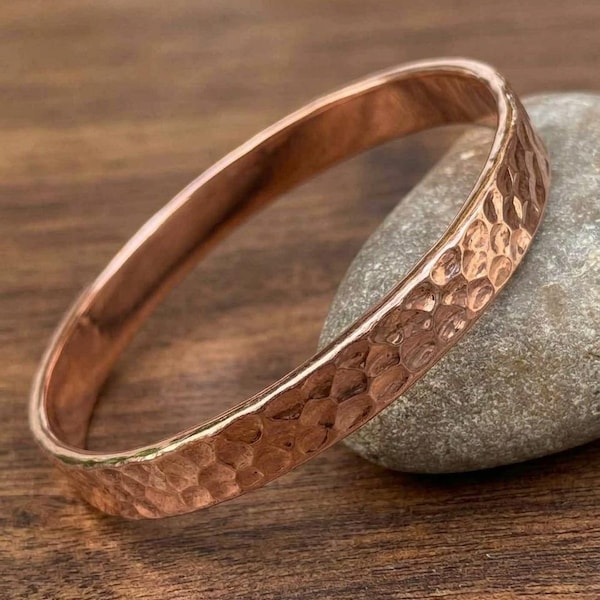 Solid Copper Hammered Bangle: Thick Stacking Style Bracelet for Daily Wear, Round Shape Bangle