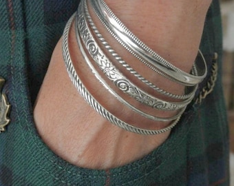 Set of 5 sterling silver pattern bangle bracelet- pattern sterling bangles - stacking bracelets - oxidized bangles - solid 925 sterling
