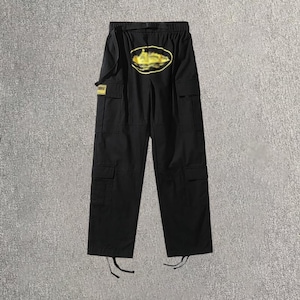 The Black Cargo Pants with Yellow Ship Logo – Streetwear Utility Pants