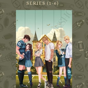 May include: Illustration of the "Boys of Tommen Series (1-6)" featuring six young adults in front of a building. The characters are dressed in school uniforms and casual wear. The background is a light green with footballs.